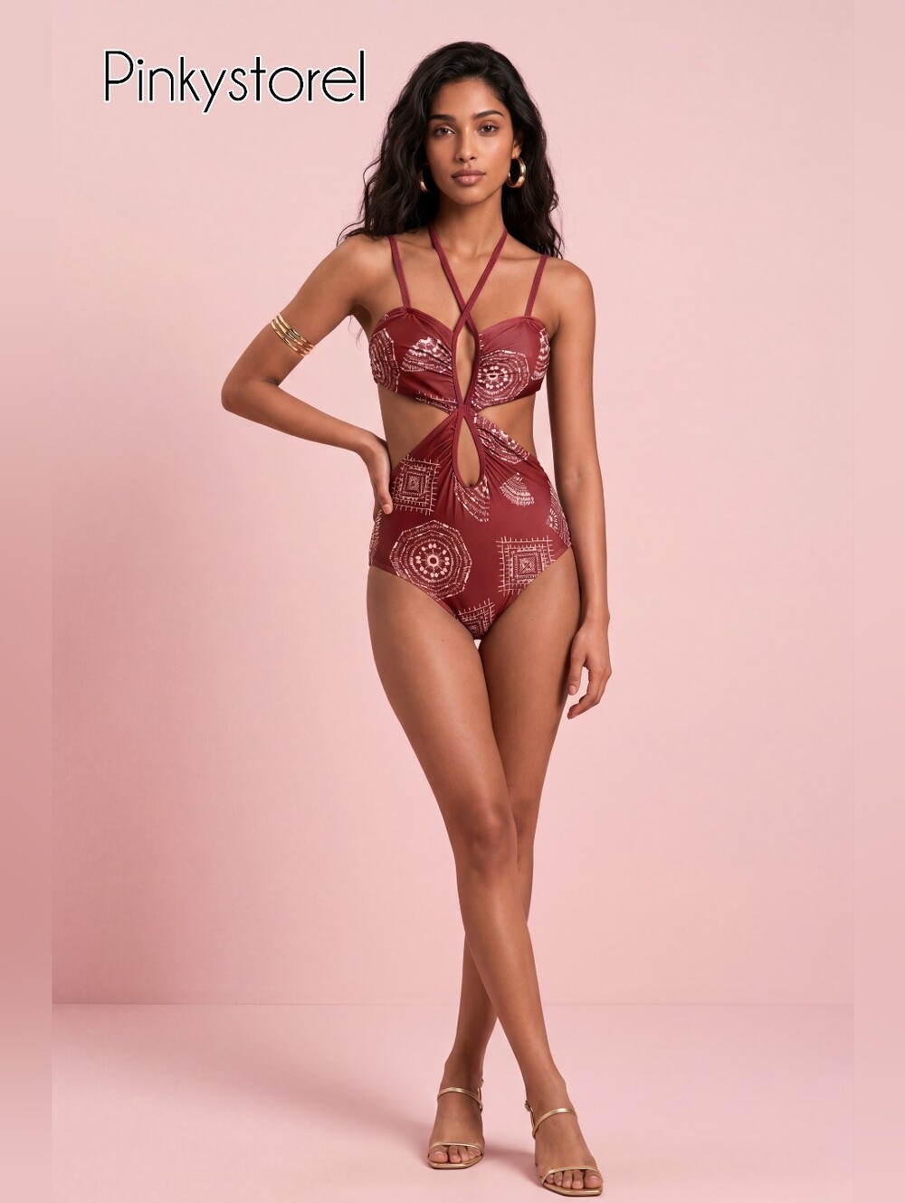 Cutout One-Piece Swimsuit in Burgundy with White Print